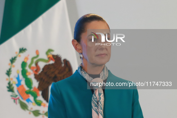 Claudia Sheinbaum Pardo, President of Mexico, speaks during a briefing conference about the victory of Donald Trump as the 47th President of...