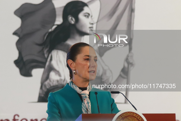 Claudia Sheinbaum Pardo, President of Mexico, speaks during a briefing conference about the victory of Donald Trump as the 47th President of...