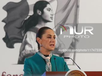 Claudia Sheinbaum Pardo, President of Mexico, speaks during a briefing conference about the victory of Donald Trump as the 47th President of...