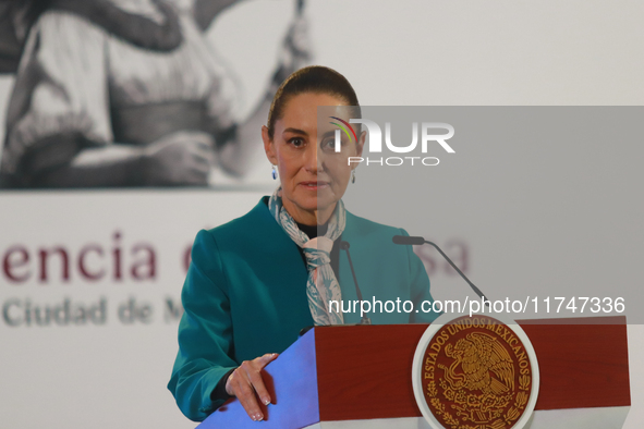 Claudia Sheinbaum Pardo, President of Mexico, speaks during a briefing conference about the victory of Donald Trump as the 47th President of...