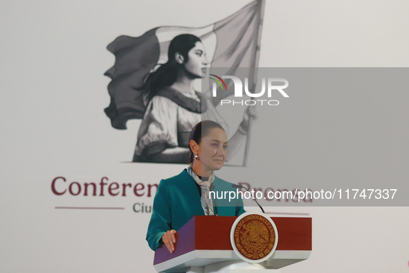 Claudia Sheinbaum Pardo, President of Mexico, speaks during a briefing conference about the victory of Donald Trump as the 47th President of...