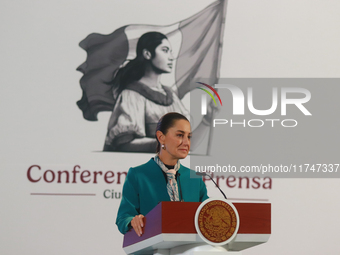 Claudia Sheinbaum Pardo, President of Mexico, speaks during a briefing conference about the victory of Donald Trump as the 47th President of...