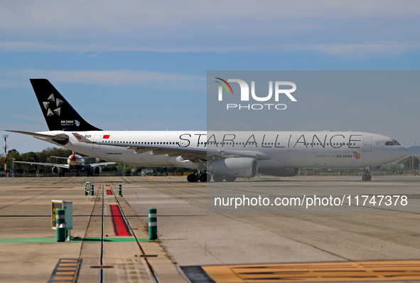 An Airbus A330-343 from Air China, in Star Alliance livery, is on the runway ready to take off from Barcelona airport in Barcelona, Spain, o...