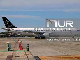 An Airbus A330-343 from Air China, in Star Alliance livery, is on the runway ready to take off from Barcelona airport in Barcelona, Spain, o...