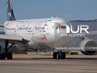 An Airbus A330-343 from Air China, in Star Alliance livery, is on the runway ready to take off from Barcelona airport in Barcelona, Spain, o...