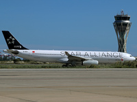 An Airbus A330-343 from Air China, in Star Alliance livery, is on the runway ready to take off from Barcelona airport in Barcelona, Spain, o...