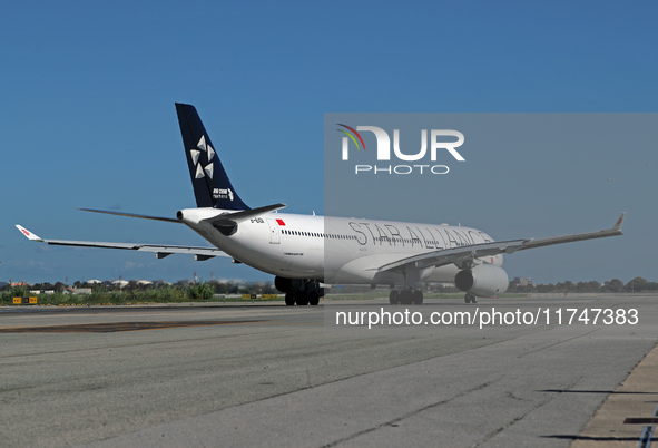 An Airbus A330-343 from Air China, in Star Alliance livery, is on the runway ready to take off from Barcelona airport in Barcelona, Spain, o...