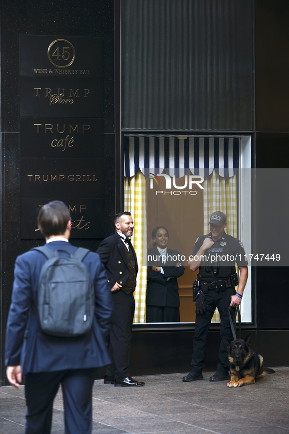 General dress outside Trump Tower in Manhattan, New York, United States, on November 6, 2024. Several Secret Service agents and police offic...