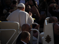 Pope Francis waves to pilgrims after attending the weekly general audience at St. Peter's Square in The Vatican on November 6, 2024. (