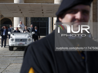 Pope Francis leaves St. Peter's Square in the Popemobile at the end of his general weekly audience in Vatican City, on November 6, 2024. (