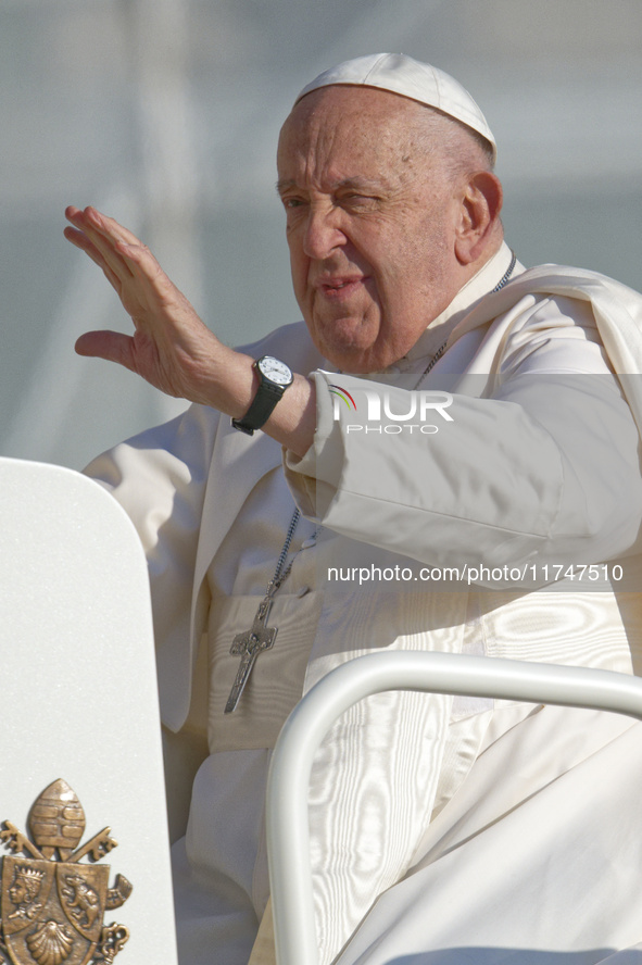 Pope Francis looks on during the weekly general audience at St. Peter's Square in The Vatican on November 6, 2024. 