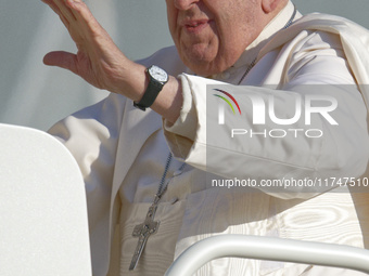 Pope Francis looks on during the weekly general audience at St. Peter's Square in The Vatican on November 6, 2024. (