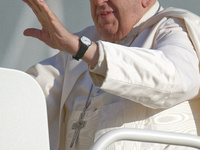 Pope Francis looks on during the weekly general audience at St. Peter's Square in The Vatican on November 6, 2024. (