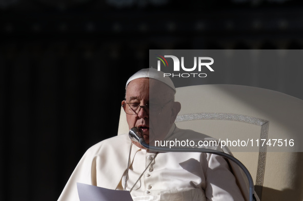 Pope Francis attends the weekly general audience at St Peter's Square in The Vatican on November 6, 2024. 