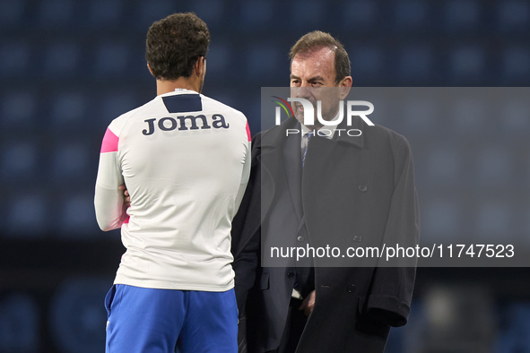 Angel Torres Sanchez, President of Getafe CF, talks with Luis Milla of Getafe CF before the La Liga EA Sports match between RC Celta de Vigo...