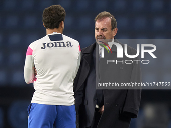 Angel Torres Sanchez, President of Getafe CF, talks with Luis Milla of Getafe CF before the La Liga EA Sports match between RC Celta de Vigo...