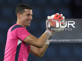 David Soria of Getafe CF warms up before the La Liga EA Sports match between RC Celta de Vigo and Getafe CF at Estadio Abanca Balaidos in Vi...