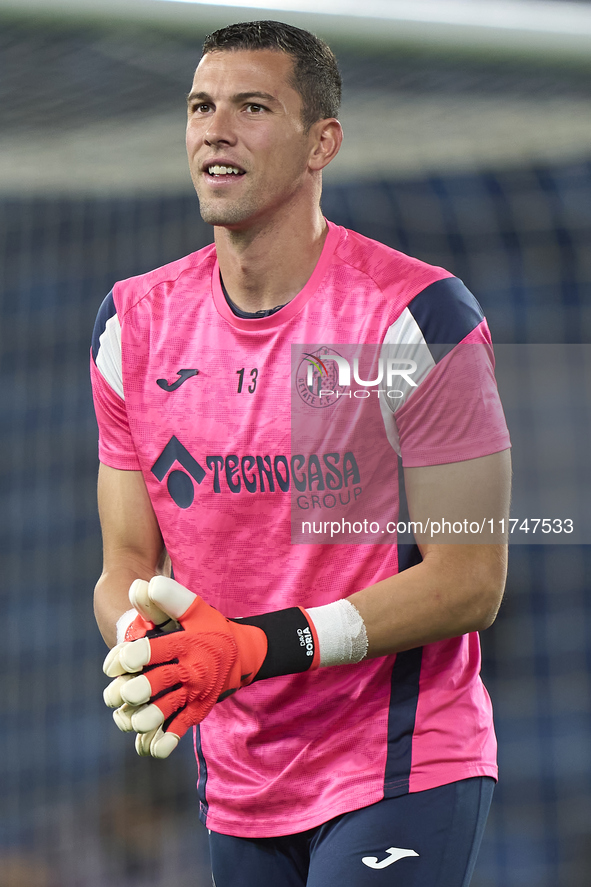 David Soria of Getafe CF warms up before the La Liga EA Sports match between RC Celta de Vigo and Getafe CF at Estadio Abanca Balaidos in Vi...