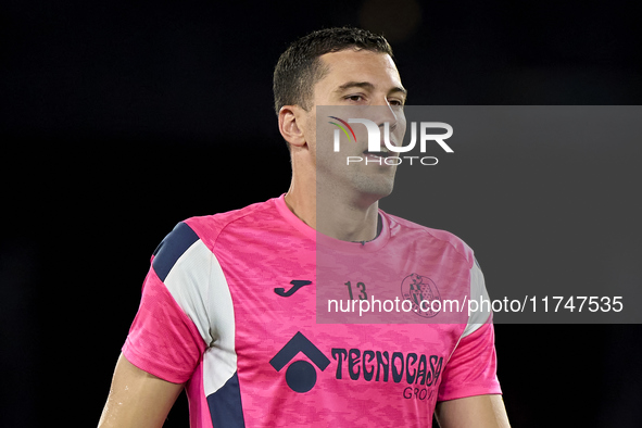 David Soria of Getafe CF warms up before the La Liga EA Sports match between RC Celta de Vigo and Getafe CF at Estadio Abanca Balaidos in Vi...