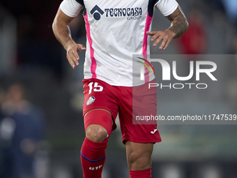 Omar Alderete of Getafe CF warms up before the La Liga EA Sports match between RC Celta de Vigo and Getafe CF at Estadio Abanca Balaidos in...