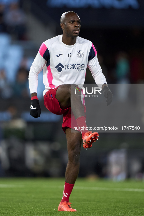 Allan Nyom of Getafe CF warms up before the La Liga EA Sports match between RC Celta de Vigo and Getafe CF at Estadio Abanca Balaidos in Vig...