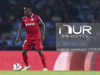 Djene of Getafe CF plays during the La Liga EA Sports match between RC Celta de Vigo and Getafe CF at Estadio Abanca Balaidos in Vigo, Spain...