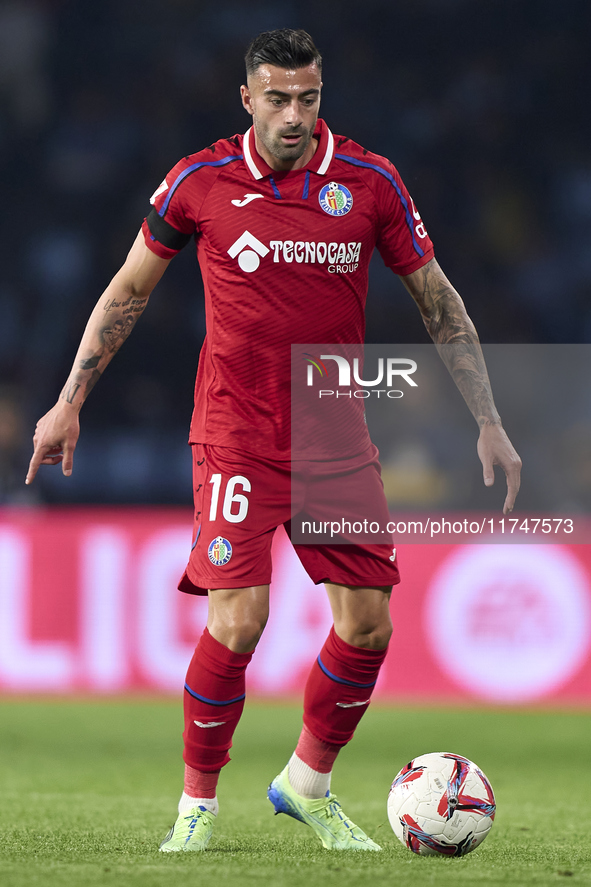 Diego Rico of Getafe CF is in action during the La Liga EA Sports match between RC Celta de Vigo and Getafe CF at Estadio Abanca Balaidos in...