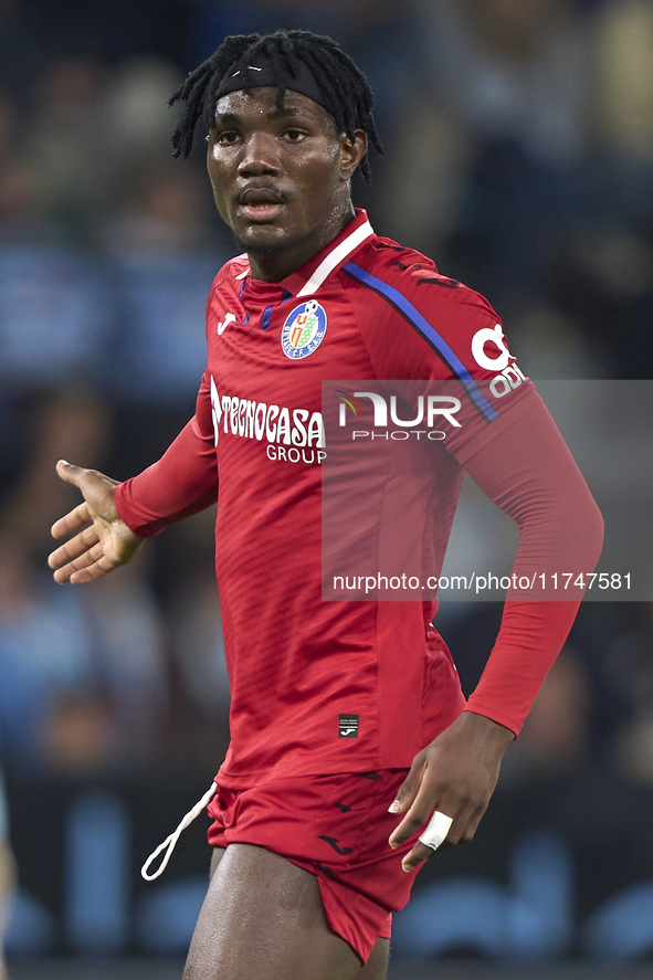 Christantus Uche of Getafe CF reacts during the La Liga EA Sports match between RC Celta de Vigo and Getafe CF at Estadio Abanca Balaidos in...