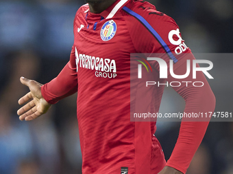 Christantus Uche of Getafe CF reacts during the La Liga EA Sports match between RC Celta de Vigo and Getafe CF at Estadio Abanca Balaidos in...