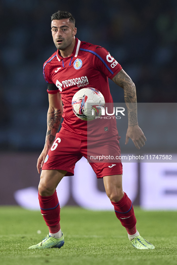 Diego Rico of Getafe CF is in action during the La Liga EA Sports match between RC Celta de Vigo and Getafe CF at Estadio Abanca Balaidos in...