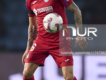 Diego Rico of Getafe CF is in action during the La Liga EA Sports match between RC Celta de Vigo and Getafe CF at Estadio Abanca Balaidos in...