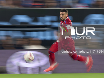 Carles Perez of Getafe CF is in action during the La Liga EA Sports match between RC Celta de Vigo and Getafe CF at Estadio Abanca Balaidos...