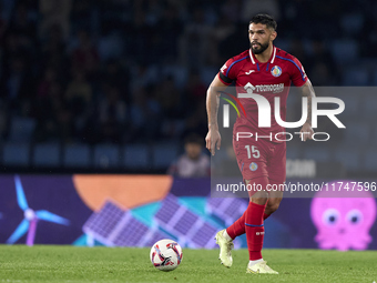 Omar Alderete of Getafe CF is in action during the La Liga EA Sports match between RC Celta de Vigo and Getafe CF at Estadio Abanca Balaidos...