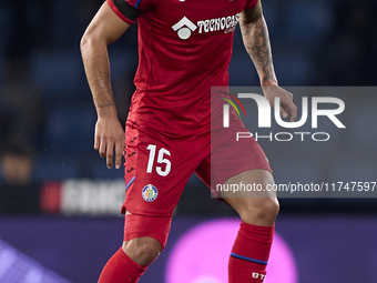 Omar Alderete of Getafe CF is in action during the La Liga EA Sports match between RC Celta de Vigo and Getafe CF at Estadio Abanca Balaidos...