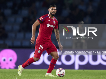 Omar Alderete of Getafe CF is in action during the La Liga EA Sports match between RC Celta de Vigo and Getafe CF at Estadio Abanca Balaidos...