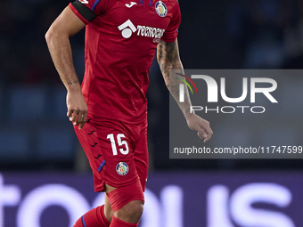 Omar Alderete of Getafe CF is in action during the La Liga EA Sports match between RC Celta de Vigo and Getafe CF at Estadio Abanca Balaidos...