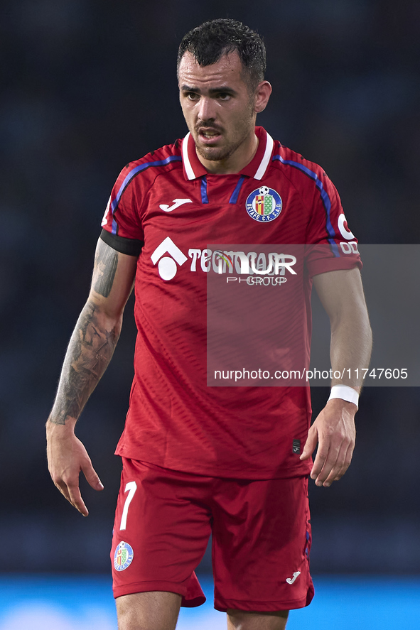 Alex Sola of Getafe CF reacts during the La Liga EA Sports match between RC Celta de Vigo and Getafe CF at Estadio Abanca Balaidos in Vigo,...