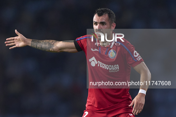 Alex Sola of Getafe CF reacts during the La Liga EA Sports match between RC Celta de Vigo and Getafe CF at Estadio Abanca Balaidos in Vigo,...