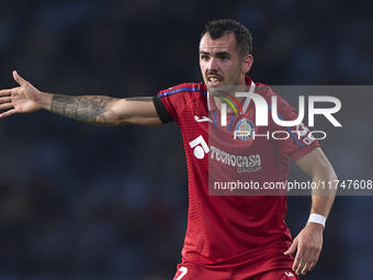 Alex Sola of Getafe CF reacts during the La Liga EA Sports match between RC Celta de Vigo and Getafe CF at Estadio Abanca Balaidos in Vigo,...