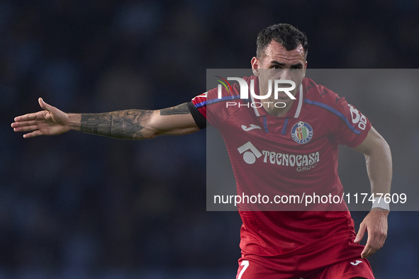 Alex Sola of Getafe CF reacts during the La Liga EA Sports match between RC Celta de Vigo and Getafe CF at Estadio Abanca Balaidos in Vigo,...