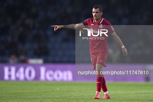 Alex Sola of Getafe CF reacts during the La Liga EA Sports match between RC Celta de Vigo and Getafe CF at Estadio Abanca Balaidos in Vigo,...