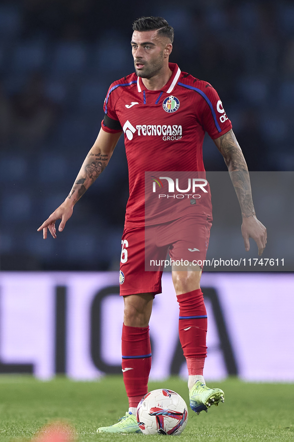 Diego Rico of Getafe CF is in action during the La Liga EA Sports match between RC Celta de Vigo and Getafe CF at Estadio Abanca Balaidos in...