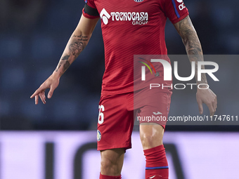 Diego Rico of Getafe CF is in action during the La Liga EA Sports match between RC Celta de Vigo and Getafe CF at Estadio Abanca Balaidos in...