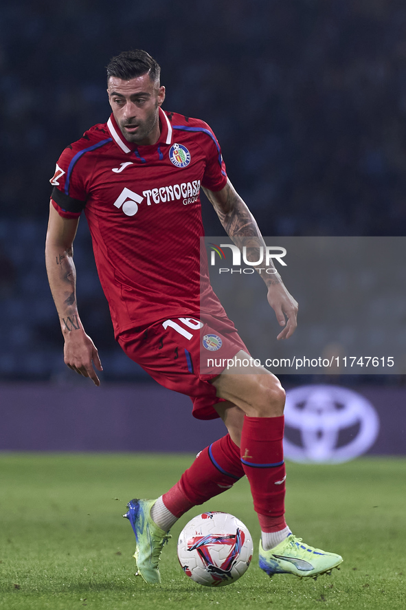 Diego Rico of Getafe CF is in action during the La Liga EA Sports match between RC Celta de Vigo and Getafe CF at Estadio Abanca Balaidos in...