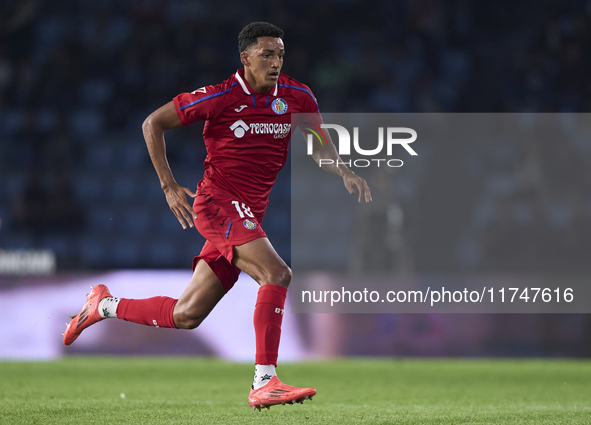 Alvaro Rodriguez of Getafe CF is in action during the La Liga EA Sports match between RC Celta de Vigo and Getafe CF at Estadio Abanca Balai...