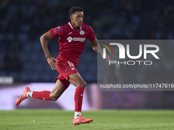 Alvaro Rodriguez of Getafe CF is in action during the La Liga EA Sports match between RC Celta de Vigo and Getafe CF at Estadio Abanca Balai...