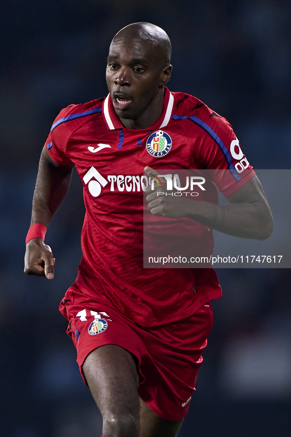 Allan Nyom of Getafe CF looks on during the La Liga EA Sports match between RC Celta de Vigo and Getafe CF at Estadio Abanca Balaidos in Vig...