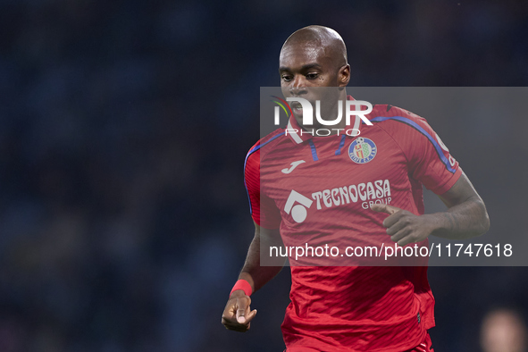 Allan Nyom of Getafe CF looks on during the La Liga EA Sports match between RC Celta de Vigo and Getafe CF at Estadio Abanca Balaidos in Vig...