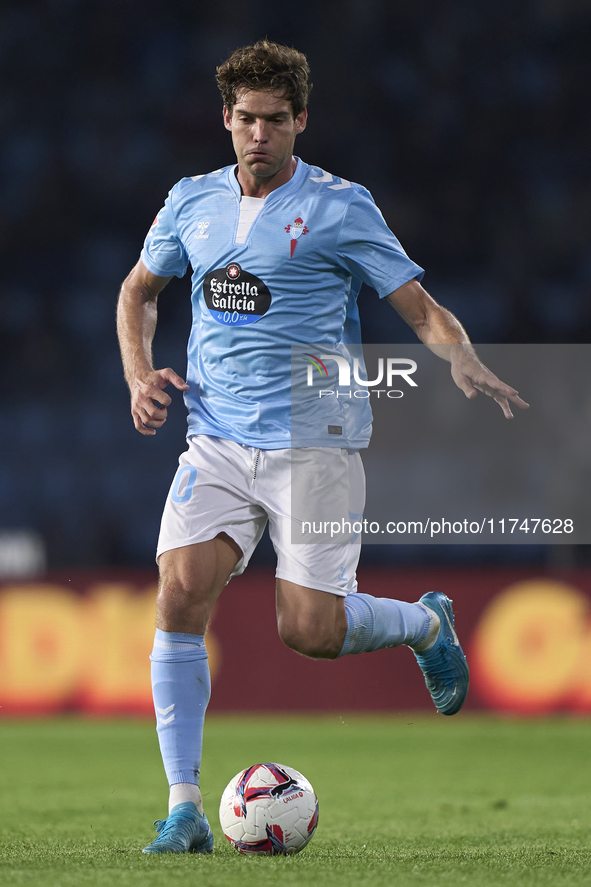 Marcos Alonso of RC Celta de Vigo is in action during the La Liga EA Sports match between RC Celta de Vigo and Getafe CF at Estadio Abanca B...