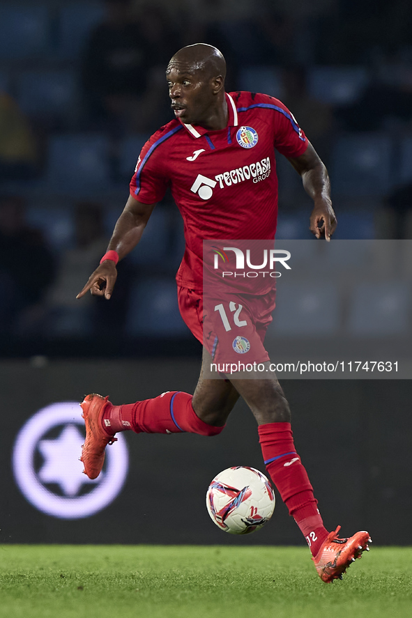 Allan Nyom of Getafe CF is in action during the La Liga EA Sports match between RC Celta de Vigo and Getafe CF at Estadio Abanca Balaidos in...